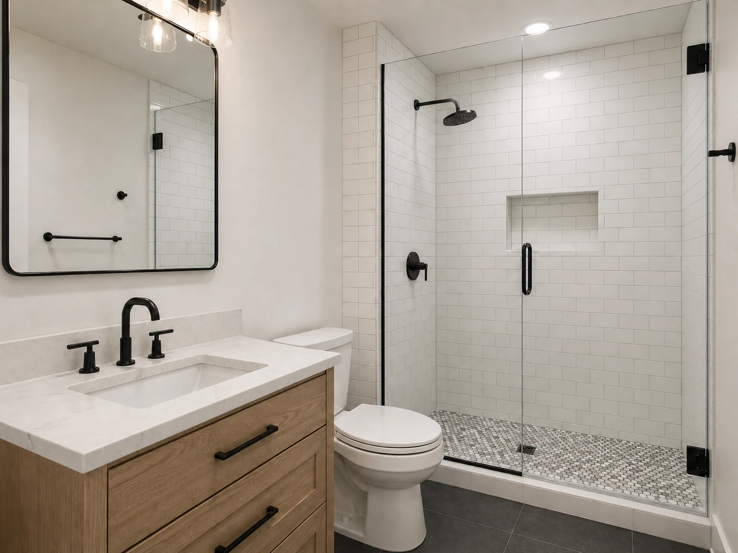 Bathroom remodel with subway tile shower, glass enclosure, and wood vanity, Portland OR